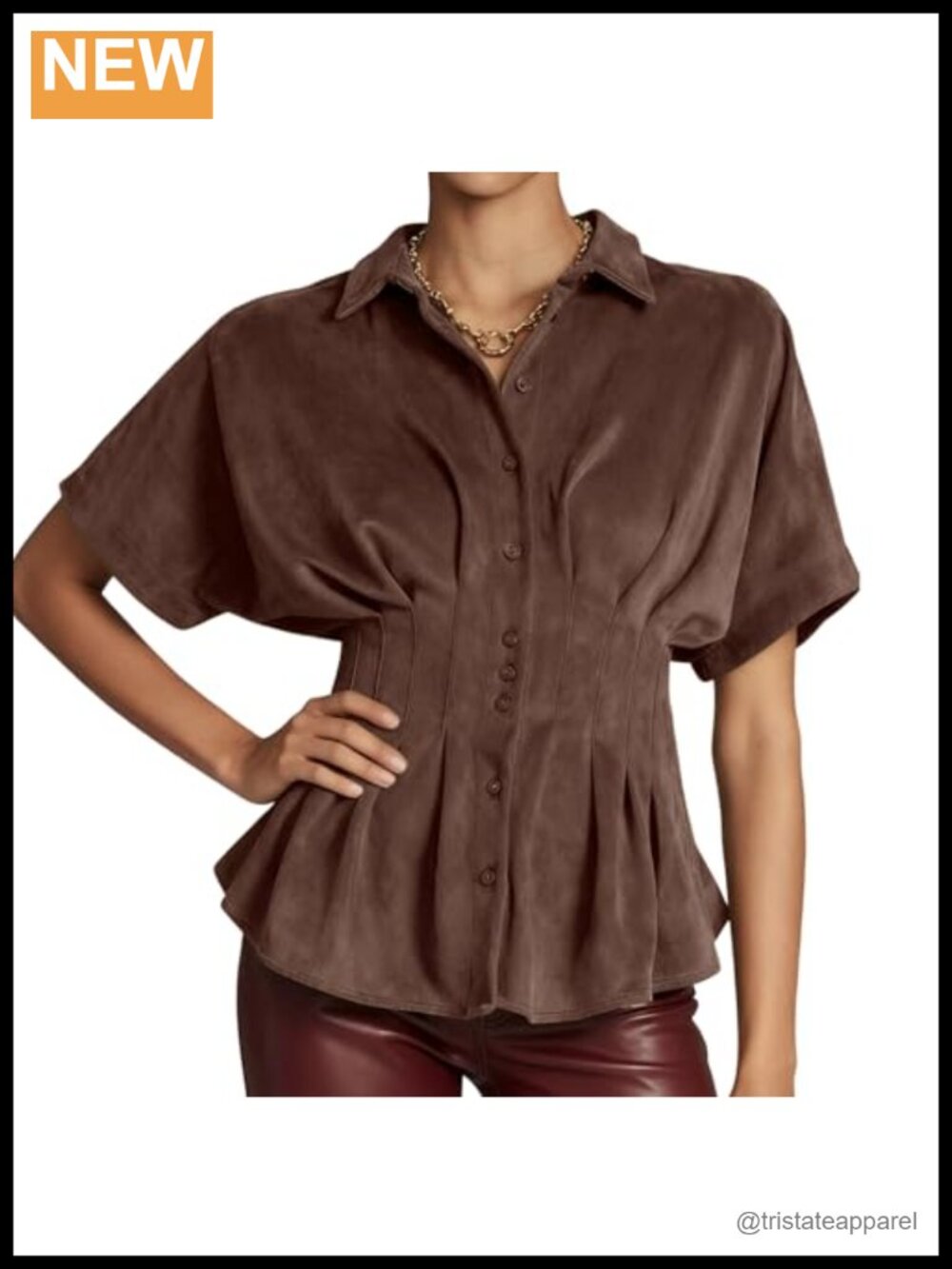 Womens Faux Suede Peplum Top Short Sleeve Button Down Blouse